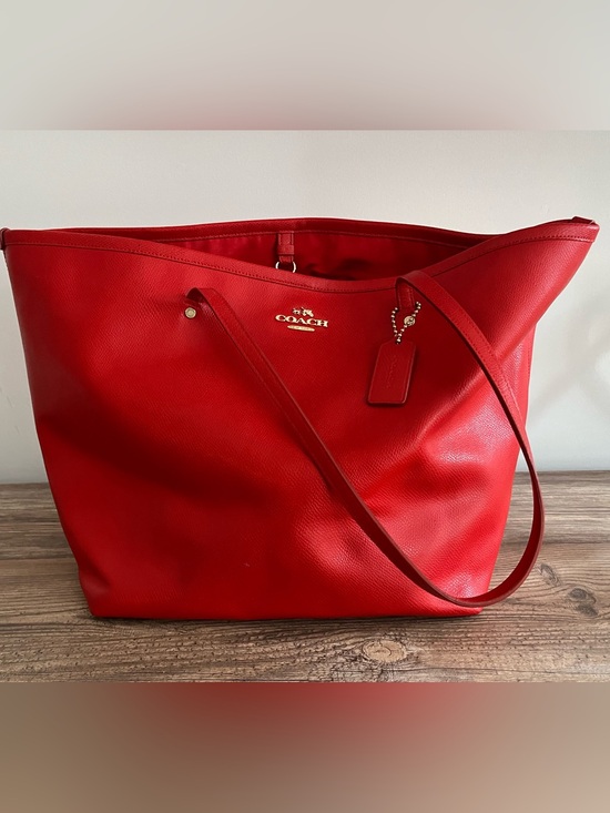 Coach Handbags - Coach Red Leather Tote with Gold Logo and Tag